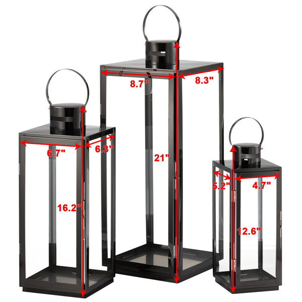 Black Glass & Stainless Steel Candle Lantern Set of 3