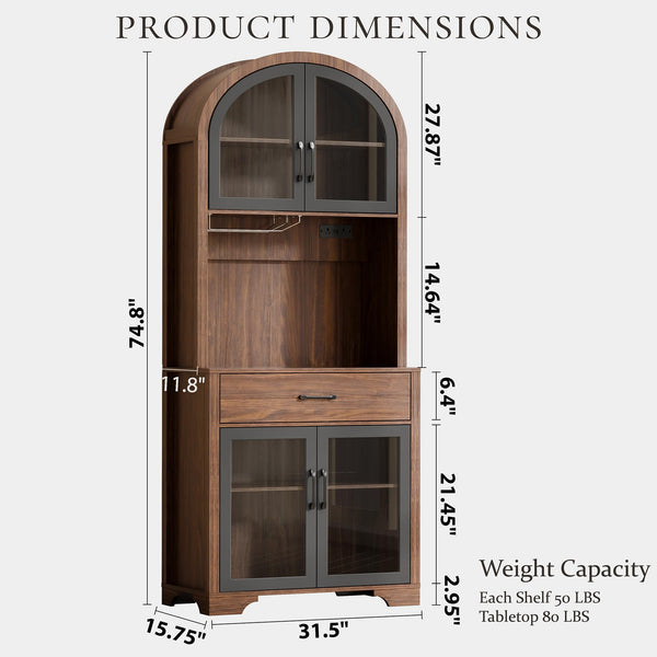 75" Tall Arched Pantry Cabinet with LED & Charging Station