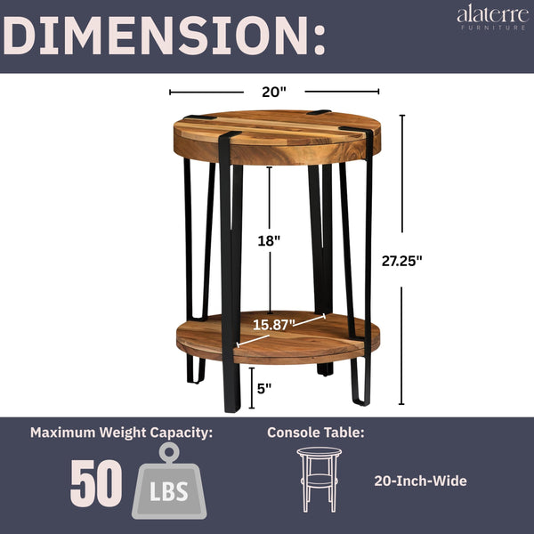 2-Tier Round Acacia Wood & Metal End Table with Bottom Shelf