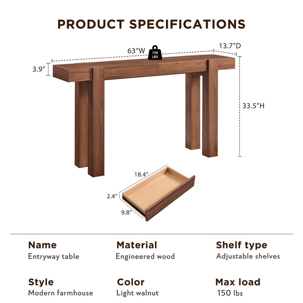 63-Inch Wooden Console Table with 2 Drawers