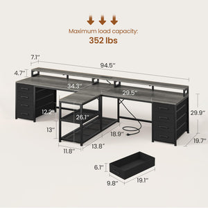 94.5" 2-Person Desk with Drawers, LED Lights, Monitor Stand & Power Strip