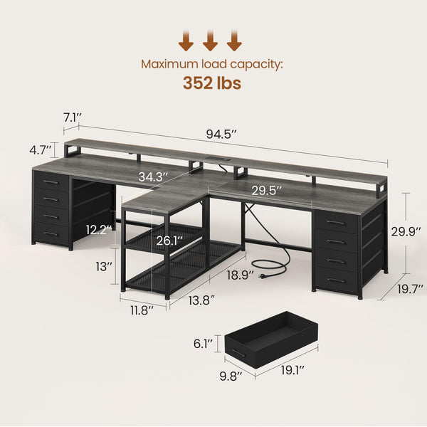 94.5" 2-Person Desk with Drawers, LED Lights, Monitor Stand & Power Strip