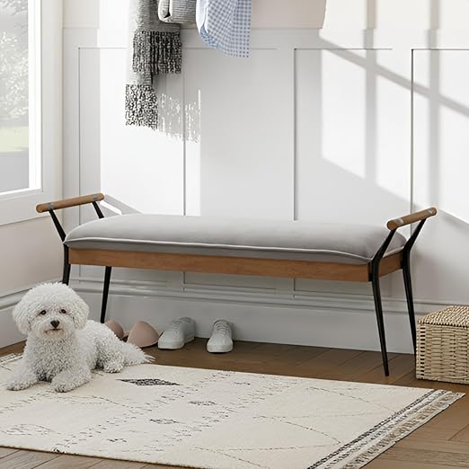 Industrial Ottoman Bench with Arms and Metal Legs