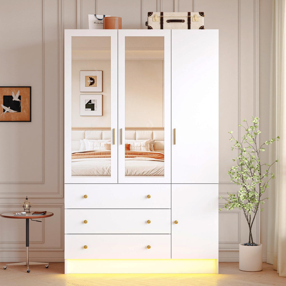 3-Door Armoire Wardrobe with LED Lights, Mirror & Drawers