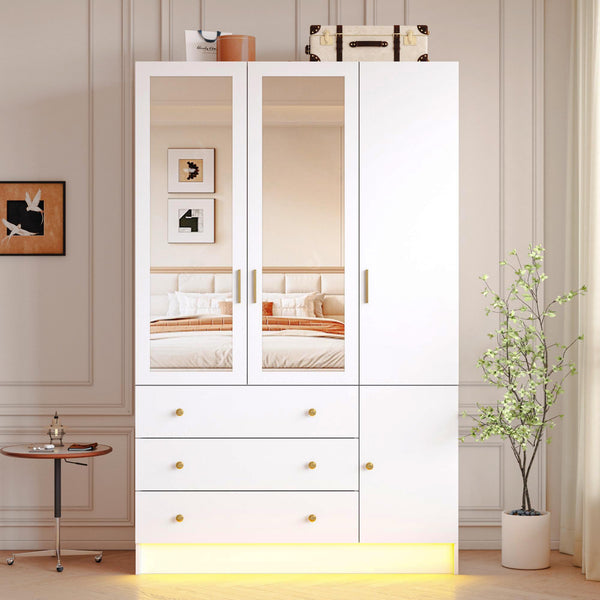 3-Door Armoire Wardrobe with LED Lights, Mirror & Drawers