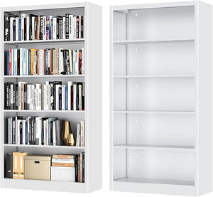 5-Tier Metal Bookcase, 66" Tall with Adjustable Shelves