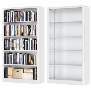 5-Tier Tall Metal Bookcase with Adjustable Shelves