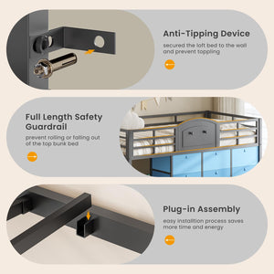 Kids Low Loft Bed with Storage Drawers and LED Lights