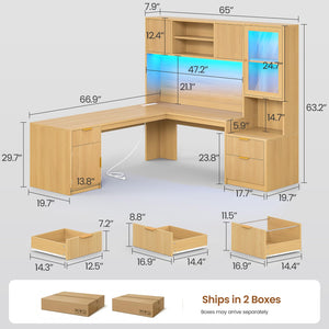 SEDETA 67" x 65" L Shaped Desk with Hutch, RGB LED Corner Computer Desk with Power Outlets, Fluted Home Office Desk with File Drawer, Storage Cabinet & Glass Display Cabinet for Gaming & Working, Oak