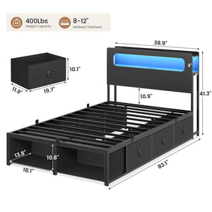 Twin Storage Bed Frame with LED Headboard & Power Outlets