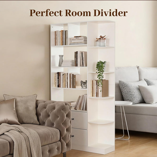 5-Tier Bookshelf with 2 Fabric Drawers – White & Black