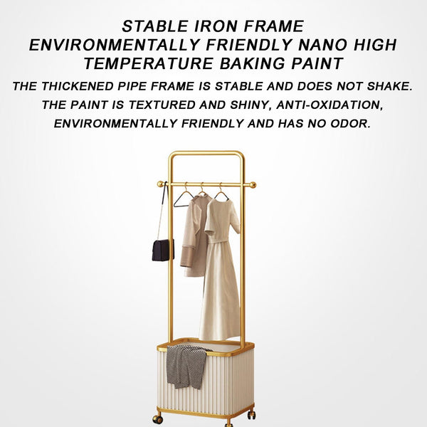 Gold Metal Garment Rack with Storage Basket & Rolling Wheels