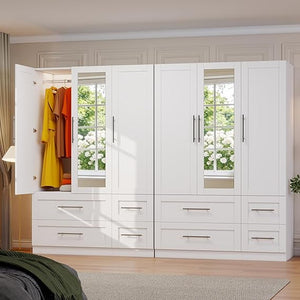 Wardrobe Closet with 4 Drawers, Mirror Doors & Hanging Rod, 71" Tall