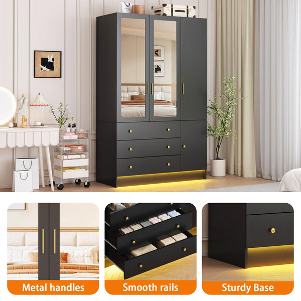 3-Door Wardrobe Closet with Mirror & LED Lights