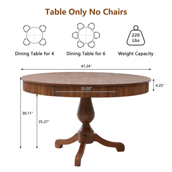 47 Inch Round Dining Table with 2 Storage Drawers — Mid-Century Pedestal Base