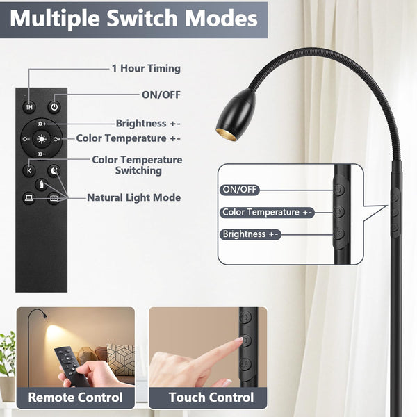 Gooseneck LED Floor Lamp with Remote & Touch Control