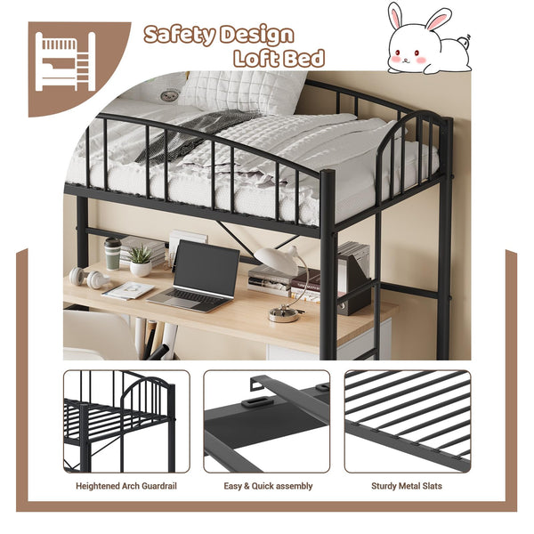 Twin Metal Loft Bed Frame with Guardrail and Safety Ladder