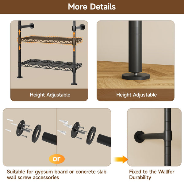 Wall Mounted Industrial Pipe Clothing Rack with 6 Rods & 8 Shelves