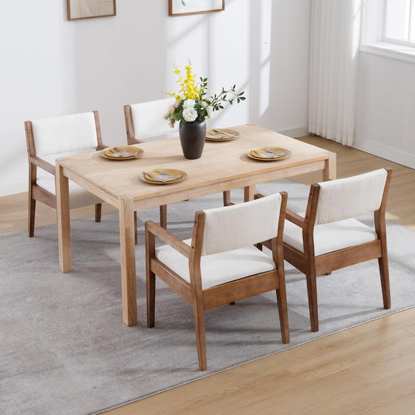 Upholstered Dining Chairs with Arms – Beige Linen & Natural Wood
