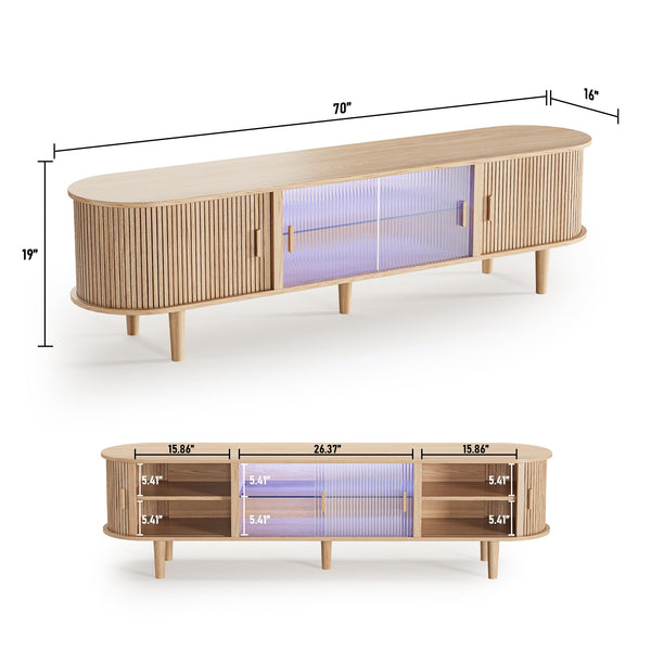70-Inch Fluted TV Stand with LED Lights & Sliding Doors