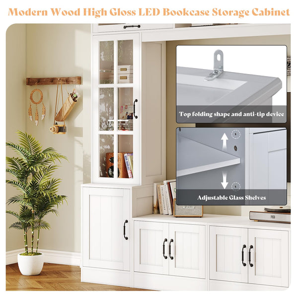 98" Wall Unit TV Stand with LED Lights & Bookshelves