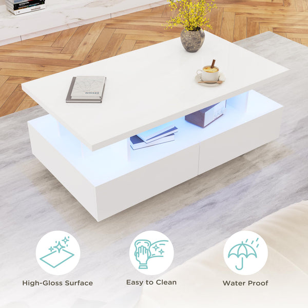 LED Coffee Table with 4 Drawers, High-Gloss White