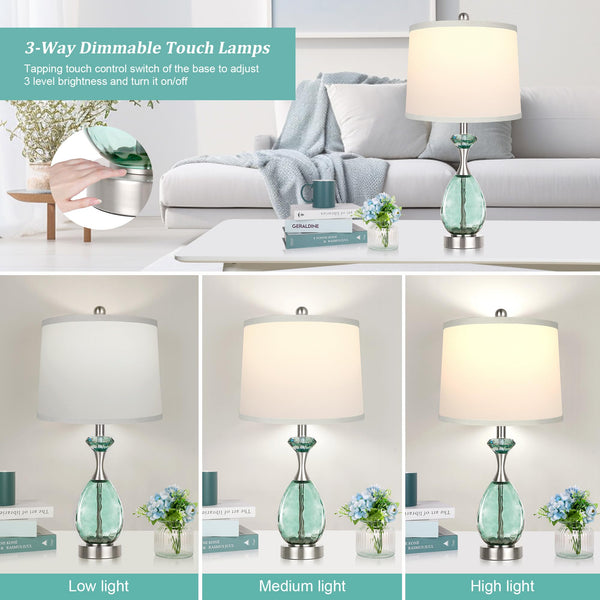 Coastal Glass Table Lamps Set of 2 – Dimmable Touch Control with USB Ports