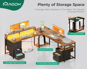 66" L-Shaped Computer Desk with File Cabinet, LED Lights & Power Outlet