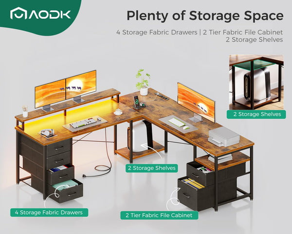 66" L-Shaped Computer Desk with File Cabinet, LED Lights & Power Outlet