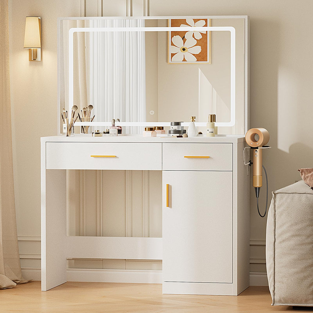 Vanity Desk with LED Mirror, Charging Station & Storage