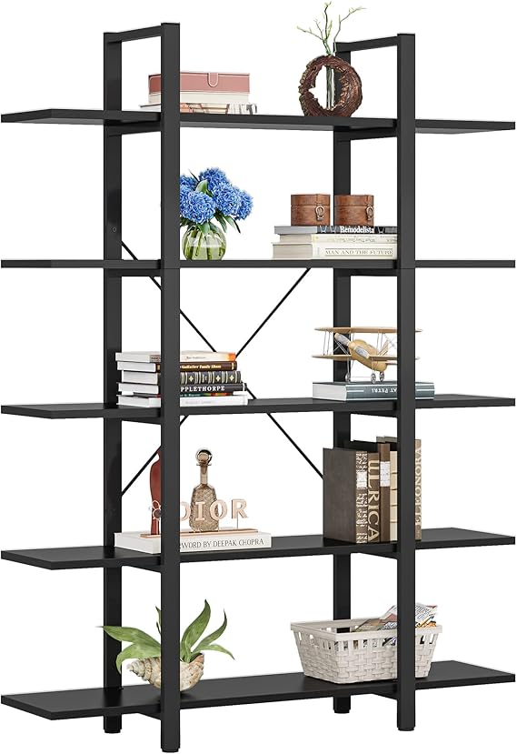 5-Tier Industrial Bookshelf 72" Tall – Metal Frame & Wood Shelves