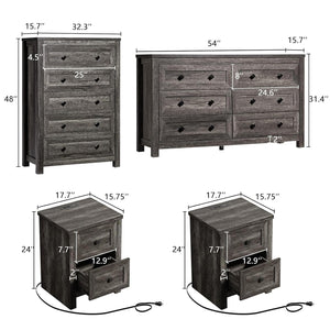 5-Piece Farmhouse Queen Bedroom Set with LED Bed Frame & Charging Stations