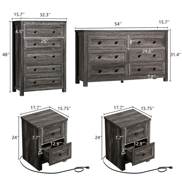 5-Piece Farmhouse Queen Bedroom Set with LED Bed Frame & Charging Stations