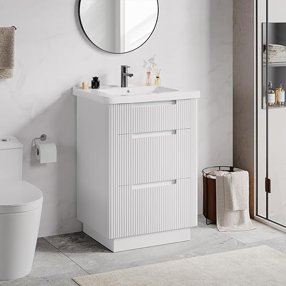 24" Fluted Bathroom Vanity with Integrated Ceramic Sink & 3 Drawers