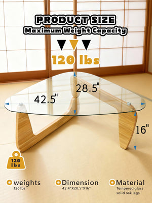 Triangle Tempered Glass Coffee Table with Wood Legs