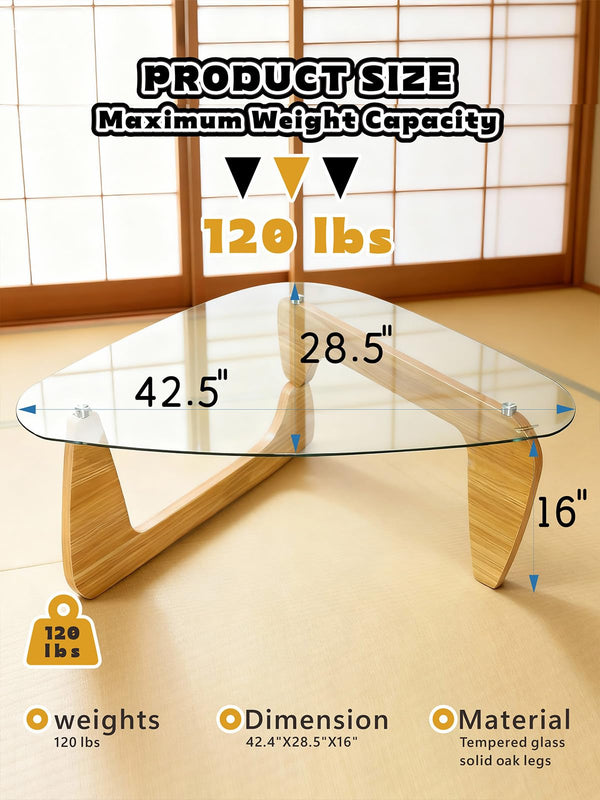 Triangle Tempered Glass Coffee Table with Wood Legs