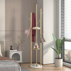 Gold Metal Coat Rack with Shelves & Marble Base