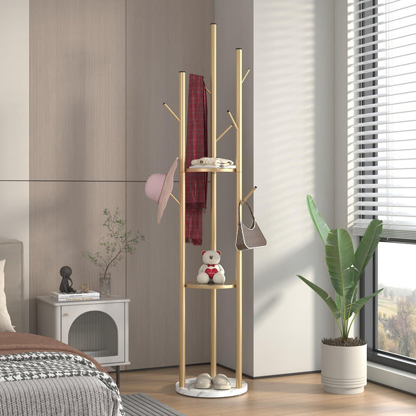 Gold Metal Coat Rack with Shelves & Marble Base