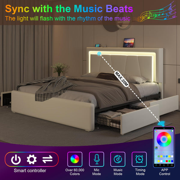 Upholstered Platform Bed Frame with LED Headboard, Storage Drawers & Charging Station