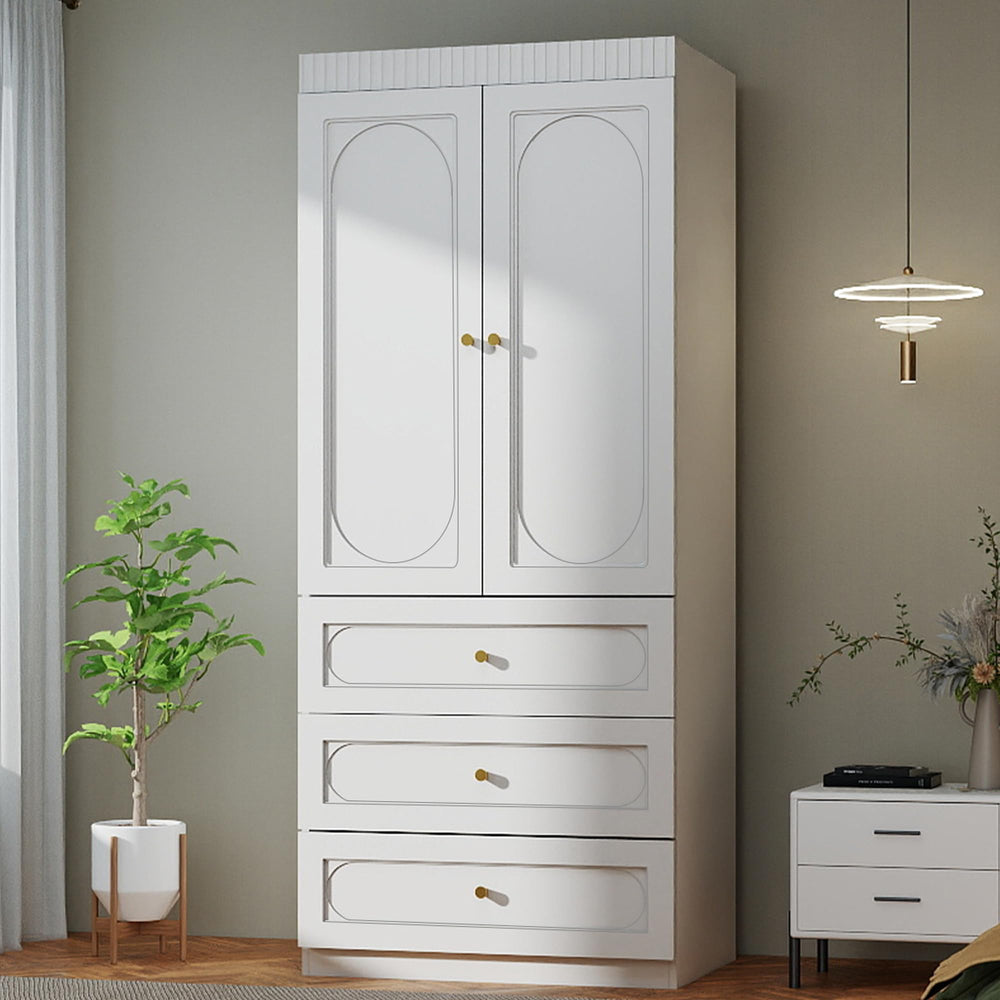Fluted Door Wardrobe with Drawers & Hanging Rod