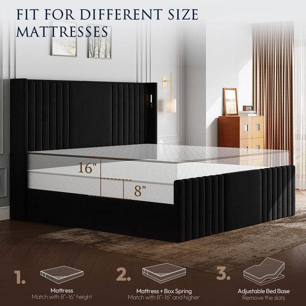 Wingback Velvet Platform Bed with Reading Lights & Charging Station