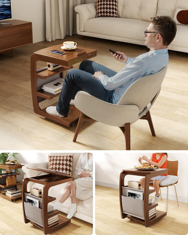 C-Shaped Rolling Side Table with Adjustable Desktop
