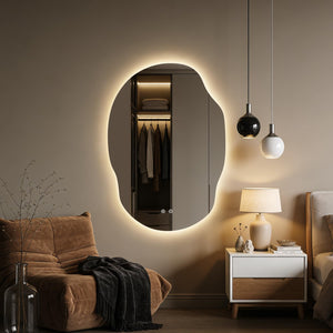 LED Backlit Bathroom Vanity Mirror – Irregular Asymmetrical Design, Anti-Fog, Dimmable 3-Color Lighting