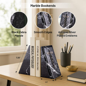 Zebra Marble Caduceus Bookends with Engraving – Set of 2