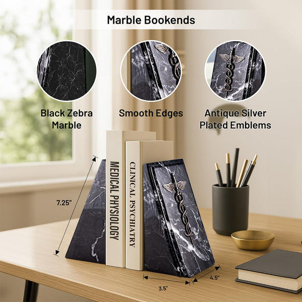 Zebra Marble Caduceus Bookends with Engraving – Set of 2