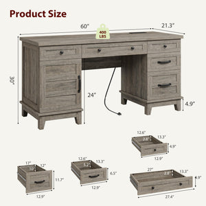 60-Inch Farmhouse Executive Desk with File Drawers & Charging Station