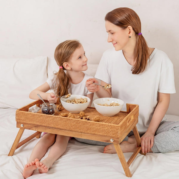 Rattan Breakfast Tray with Foldable Legs