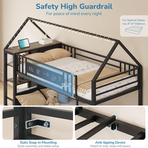 Twin Over Twin Low Bunk Bed with Storage Drawers & House Design