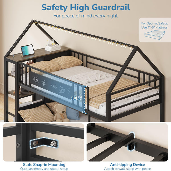 Twin Over Twin Low Bunk Bed with Storage Drawers & House Design