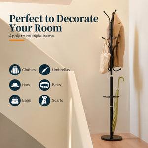 Freestanding Coat Rack with Marble Base & 12 Hooks